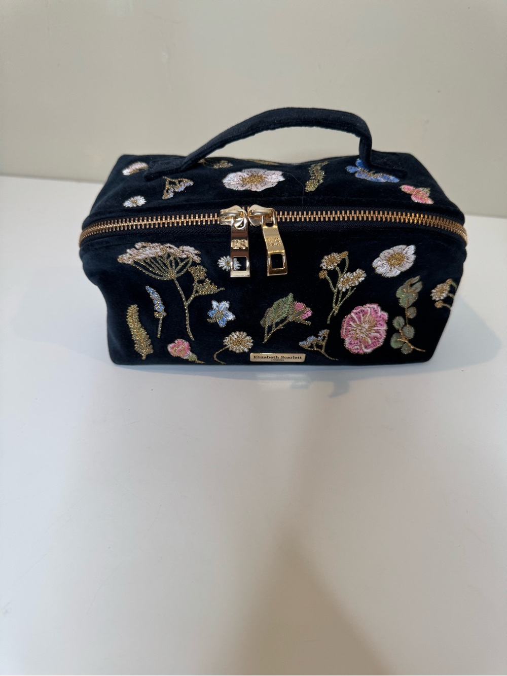 Elizabeth Scarlett London Black Velvet Floral Embroidered Travel Cosmetic Bag